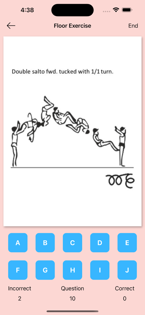 MAG CoP Study (2025-28) - Gymnastics floor exercise skill identification quiz screen showing a technical diagram and multiple choice answer buttons