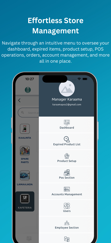 MAKHAL - Interfaz de la aplicación móvil Makhal que muestra el menú de navegación para la gestión de la tienda y el seguimiento del inventario