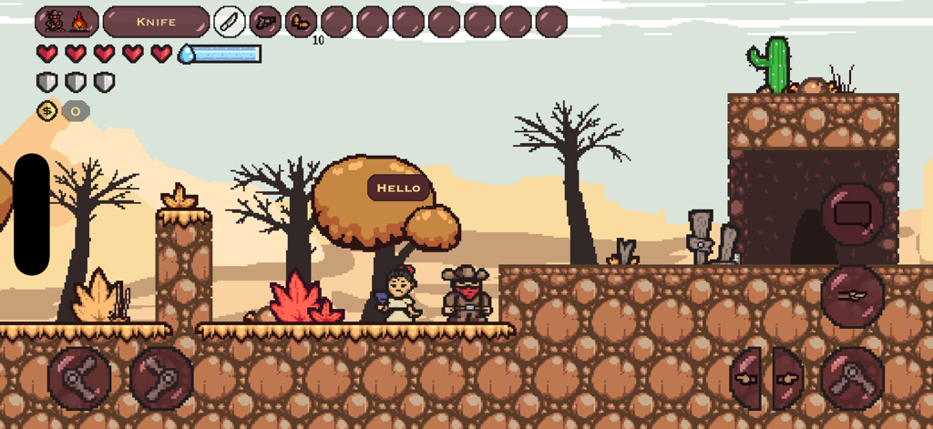 Desert of Thirst - 2D pixel art gameplay from Desert of Thirst showing a character in a wasteland and the survival UI