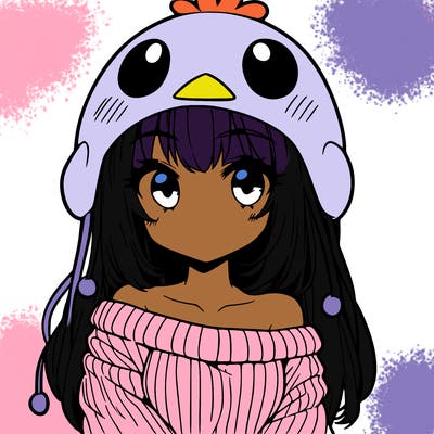anime girl with chick shaped hat with sweater with bare shoulders with bangs covering them one eye with low tail