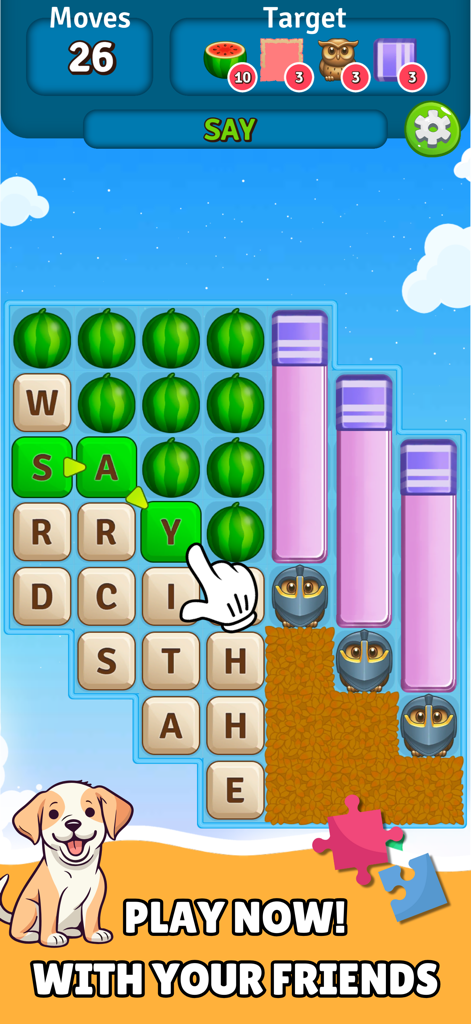 Alphabet Scape: Find Words! - A mobile screen showing the Alphabet Scape word game where a hand connects letters to form the word SAY among watermelon and obstacle icons.