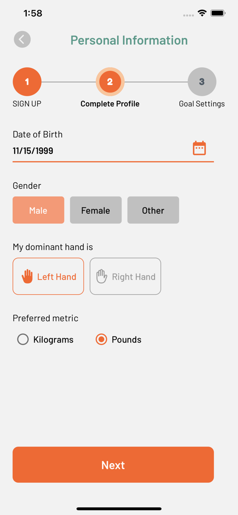 SQUEGG - SQUEGG app profile setup screen for personal health information and preferences