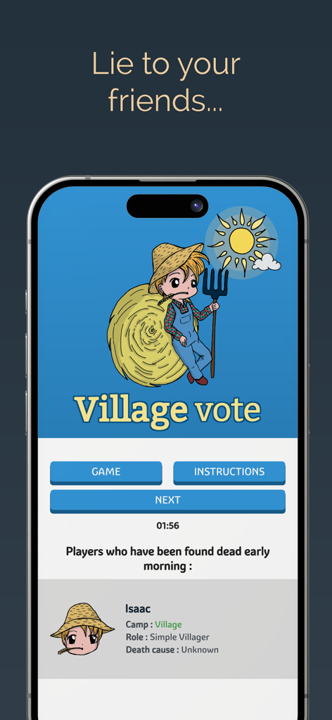 Mobile Werewolf game app showing the Village vote screen and information about a dead villager named Isaac