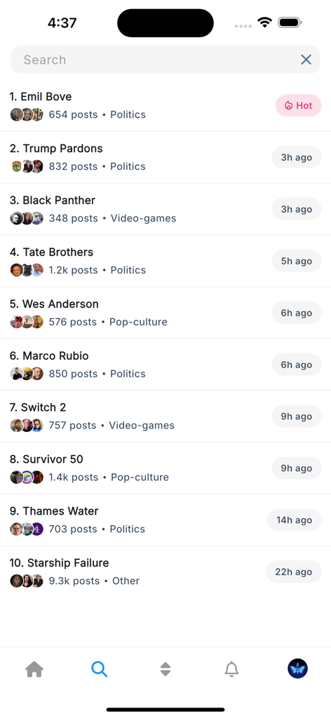 Boost Blue for Bluesky - Interfaz de temas de tendencia y búsqueda de la aplicación Boost Blue para Bluesky que muestra noticias y feeds de cultura pop.