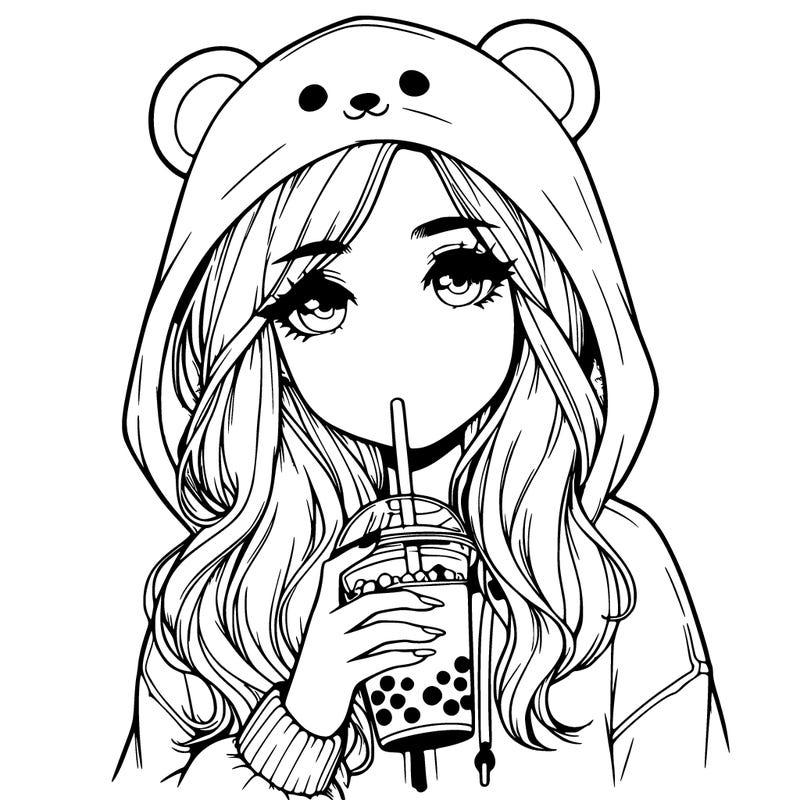 realistic girl in a bear hoody drinking boba