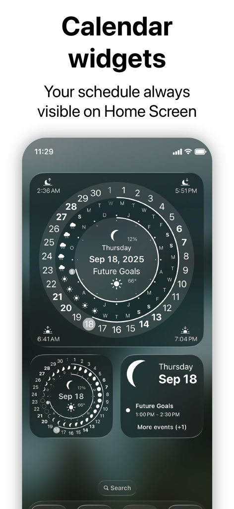iOS Home-Bildschirm zeigt ästhetische kreisförmige Kalender-Widgets der CircleTime-App mit Daten und Zeitplänen