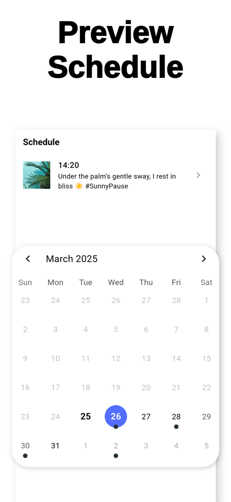 Interface de l'application InPlan montrant une publication Instagram planifiée avec légende et une vue du calendrier de contenu mensuel.