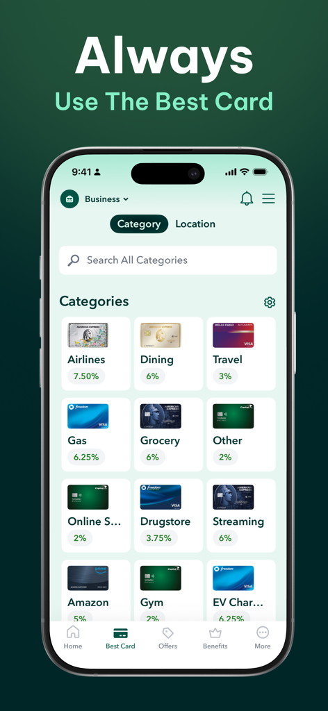 MaxRewards: Rewards & Cashback - Interface do aplicativo MaxRewards mostrando os melhores cartões de crédito para usar em diferentes categorias, como companhias aéreas, restaurantes e viagens, para maximizar recompensas