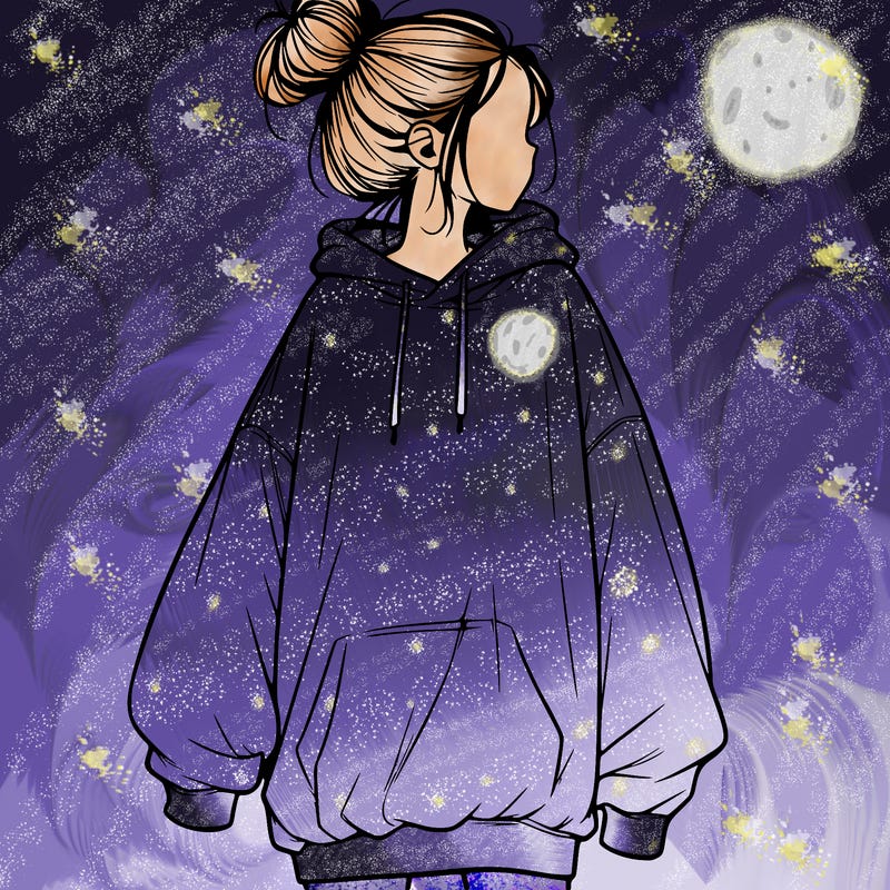 realistic girl with a oversized sweatshirt on and a bun