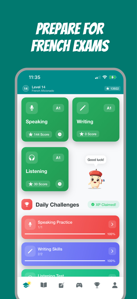 Frenchico - Learn French Fast - Dashboard of the Frenchico app showing Speaking Writing and Listening modules for French exam preparation.