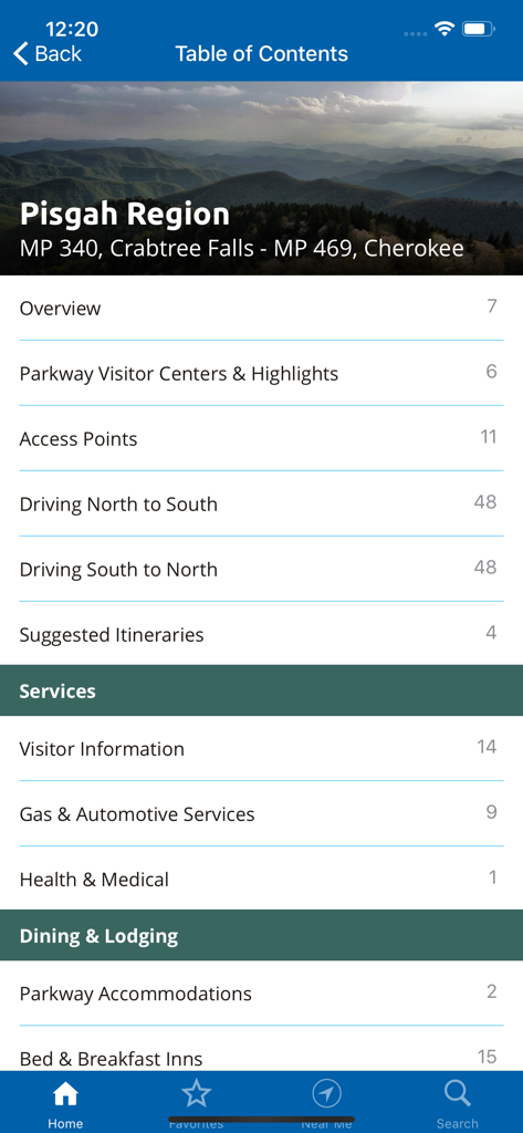 블루리지 파크웨이 여행 플래너 앱의 피스가 지역 목차 화면으로, 다양한 여행 카테고리를 보여줍니다.