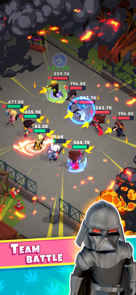 Weed Inc 420: Blaze & Trade - Screenshot eines Mobile Games, der einen Teamkampf mit Charakter-Lebensbalken und Aktionseffekten zeigt