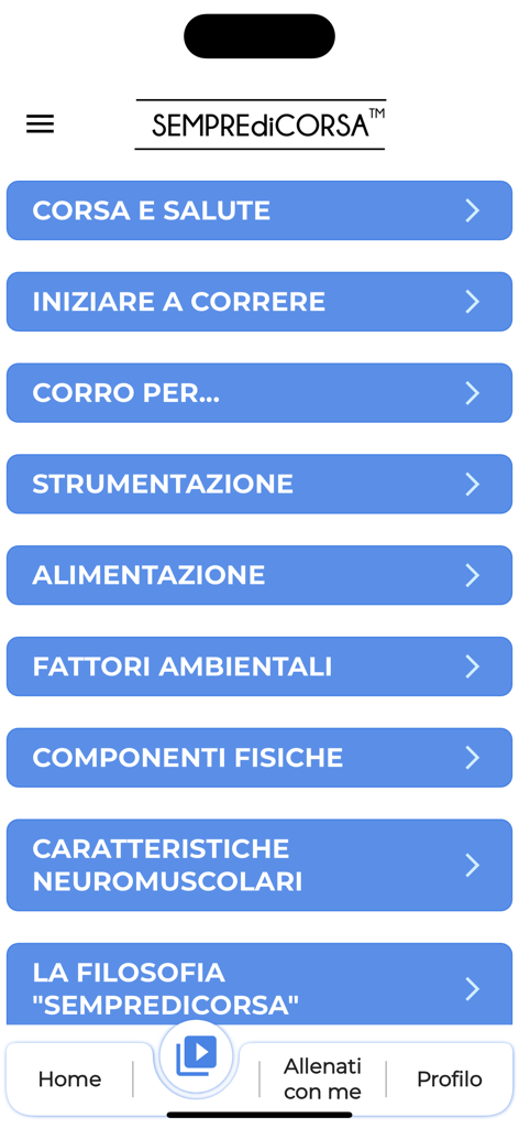 SempreDiCorsa - SempreDiCorsa mobile app menu showing training categories like health, nutrition, and starting to run