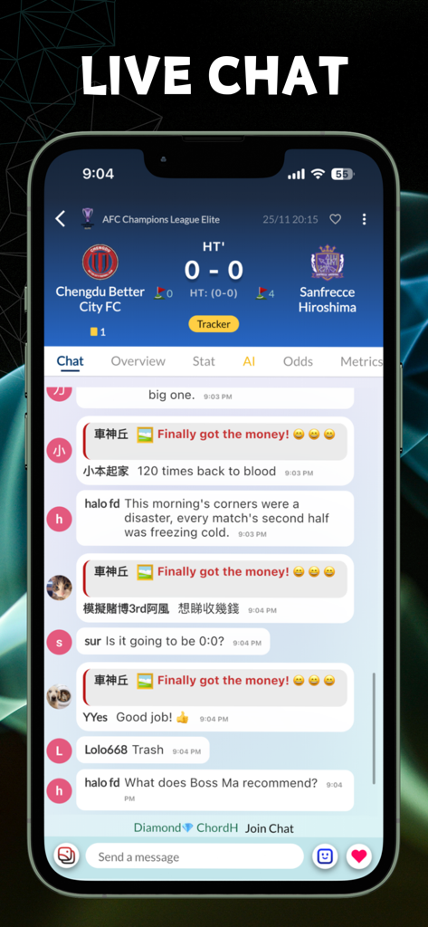 Écran de chat en direct de football Tipsme montrant les discussions sur les matchs en temps réel et les scores