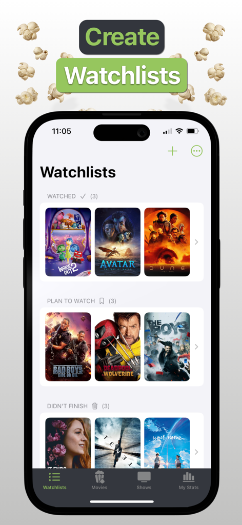 iPhone screenshot of Movie Diary app showing organized movie watchlists including watched and plan to watch categories