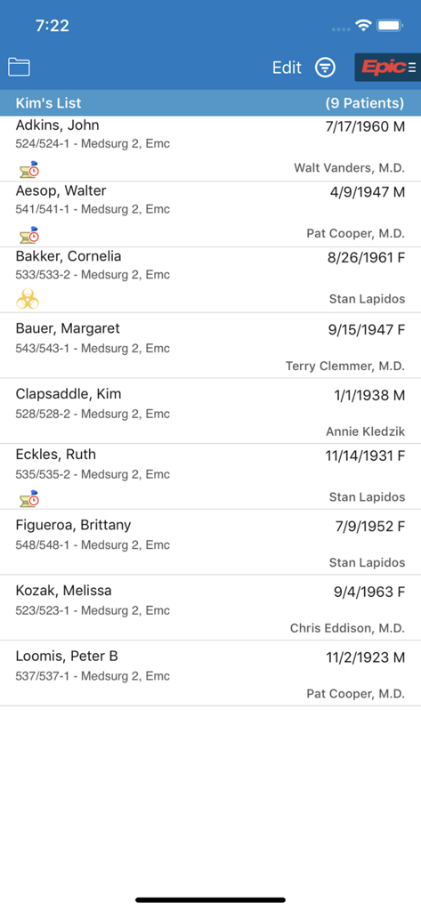 Epic Rover - Epic Rover app screen showing a patient list with clinical details and assigned doctors