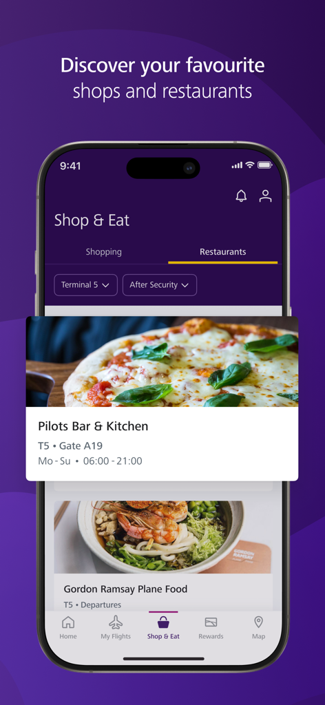 Heathrow 공항 앱이 터미널 5의 레스토랑 옵션을 보여줌
