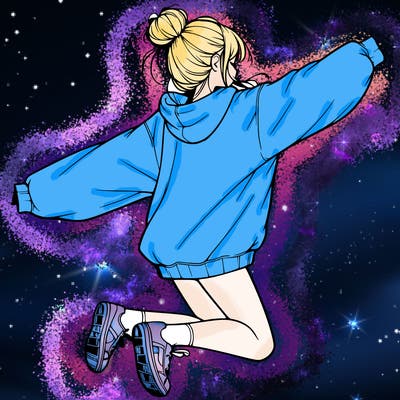 realistic girl jumping with a bun and oversized sweatshirt
