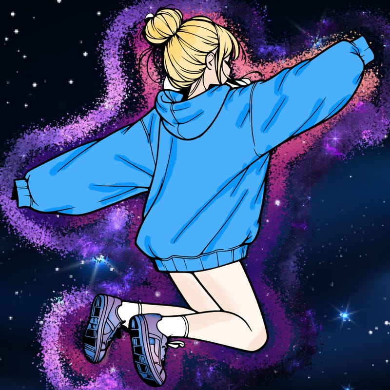 realistic girl jumping with a bun and oversized sweatshirt