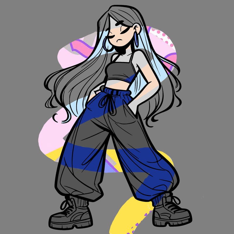 girl in baggy pants crop top and long hair