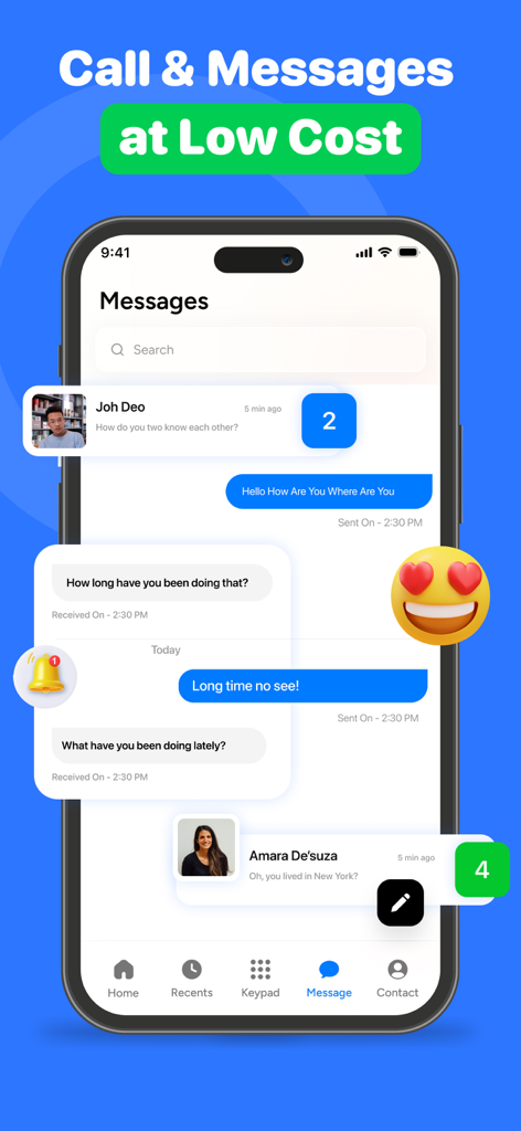 Captura de tela da interface de mensagens do aplicativo Second Line, mostrando balões de bate-papo e nomes de contatos