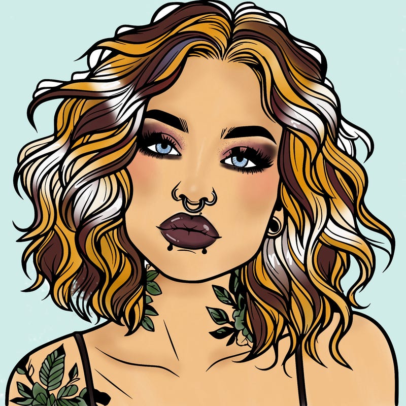 realistic woman with septum piercing and wavy hair and tattoos