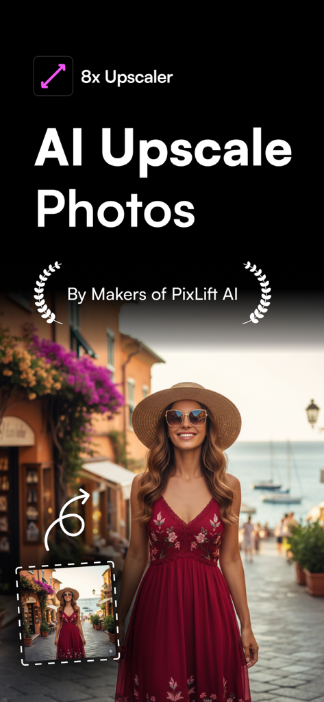 AI image upscaler app interface showing a portrait photo enhanced from low resolution to high definition quality