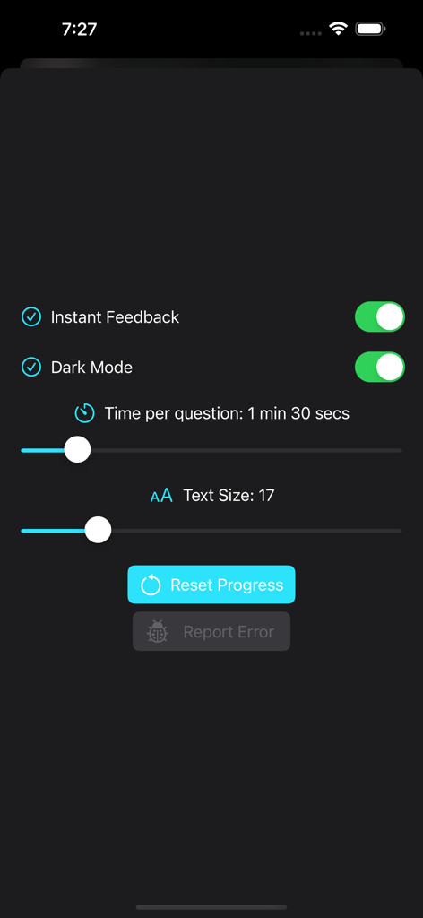 Schermata delle impostazioni dell'app mobile per la preparazione ai test di attitudine con modalità scura e regolazioni del timer