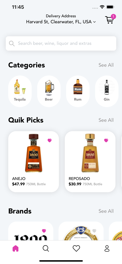 QuikLiq: Fast Alcohol Delivery - Home screen of the QuikLiq mobile app showing liquor categories and featured tequila bottles for fast delivery.