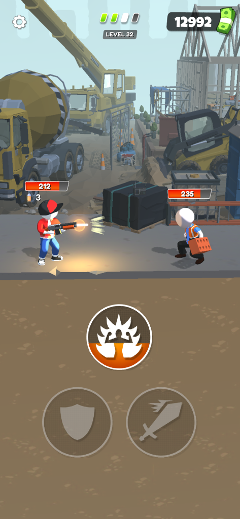 Merge Fighting: Fight Hit Game - A character shooting a shotgun at an enemy in a construction site in Merge Fighting.