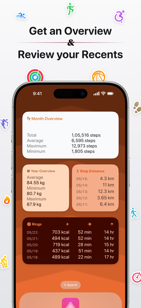 Peak: Health & Fitness Widgets - iPhone display showing Peak app fitness dashboard with steps weight and activity ring data widgets