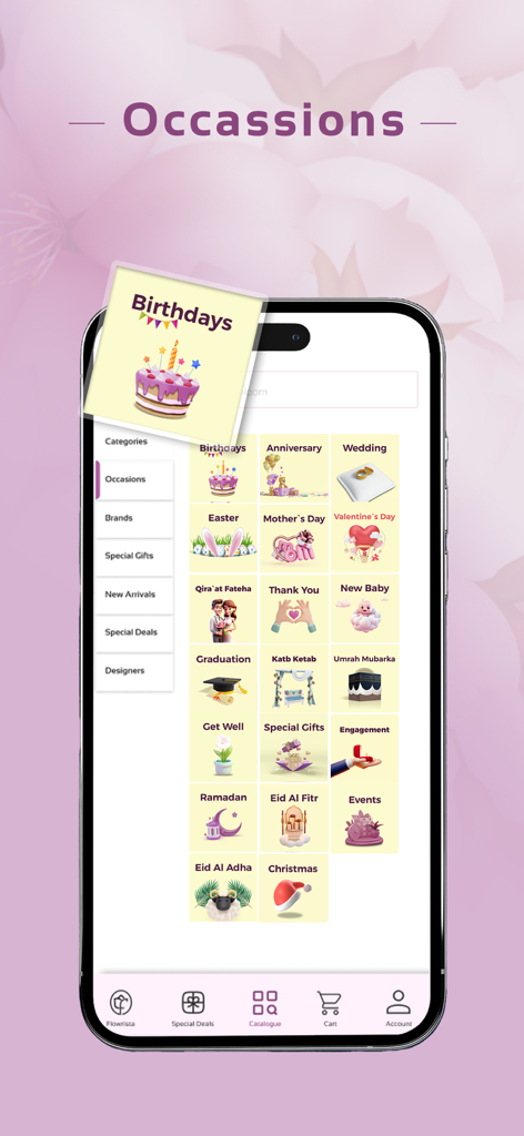 Flowrista  Flowers & Gifts - Flowrista app screen displaying gift categories for various occasions like birthdays weddings and holidays