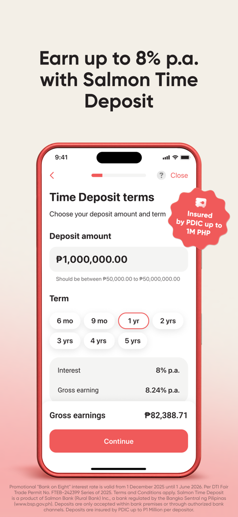 Salmon app screen showing high yield time deposit terms with 8 percent interest rate per annum