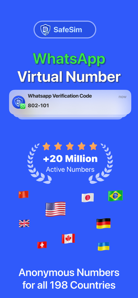 Interfaz de la aplicación SafeSim que muestra la verificación de número virtual de WhatsApp con cobertura global para más de 198 países