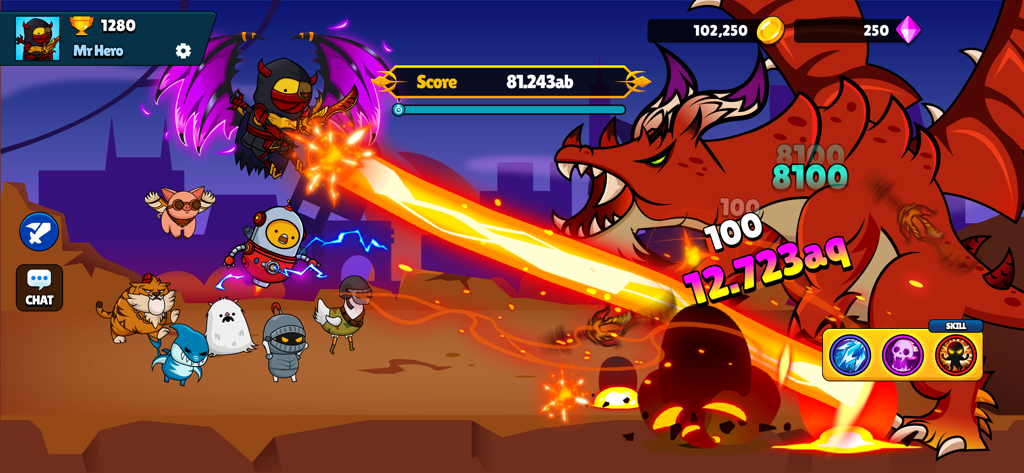 Personaje de Mr Hero atacando a un dragón jefe rojo masivo con un rayo láser y un equipo de mascotas.