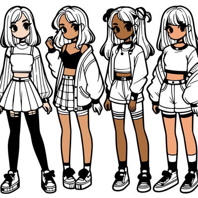 one girl with crop-top shirt and a jacket with a skirt, long socks and another girl with a shirt and pants with a jacket