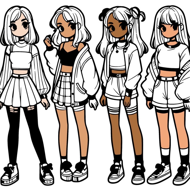 one girl with crop-top shirt and a jacket with a skirt, long socks and another girl with a shirt and pants with a jacket