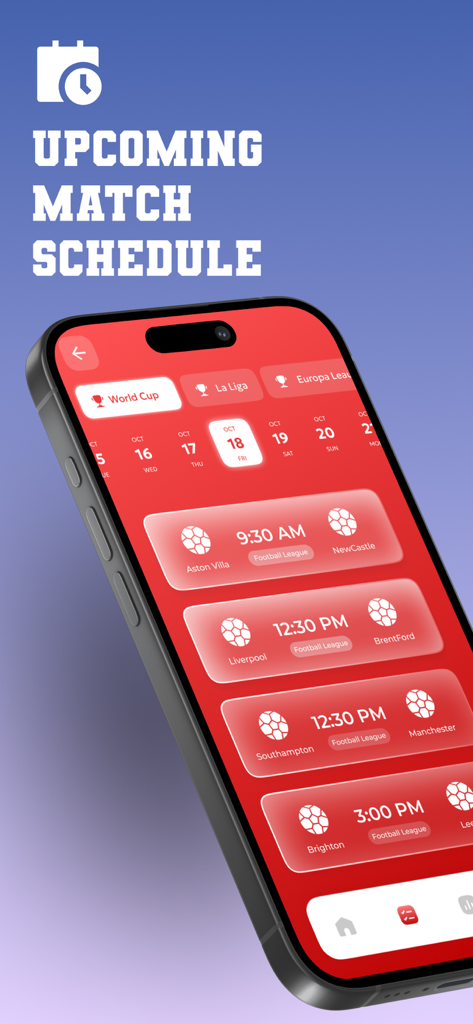 Drama Live: Sports App - La interfaz de la aplicación Drama Live mostrando una lista de próximos partidos de fútbol con sus horarios de inicio.
