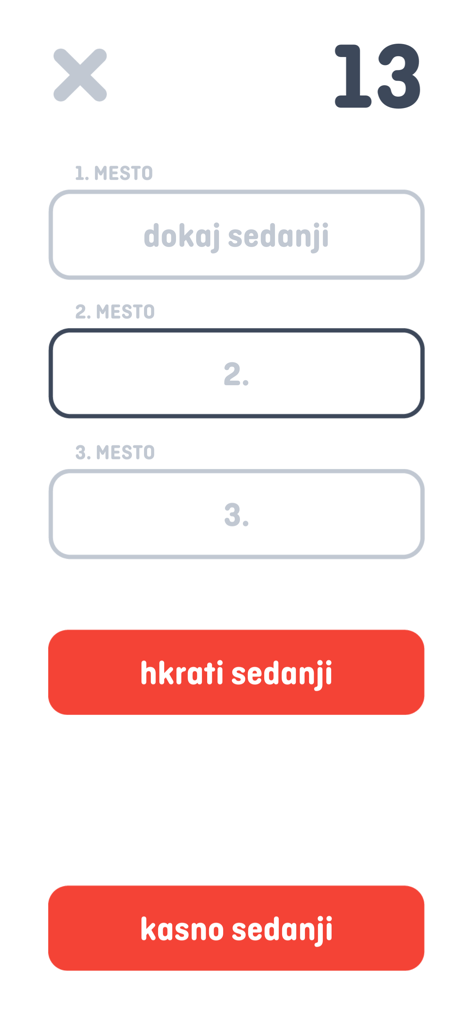 Igra besed - Interface of the Igra besed Slovenian word game showing ranked word selection slots and red gameplay buttons.