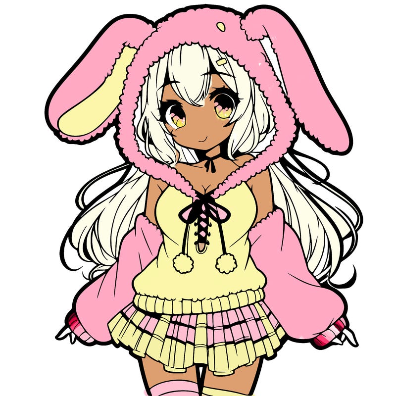 pretty anime girl wearing a fluffy hoodie with bunny ears on the hood and a skirt