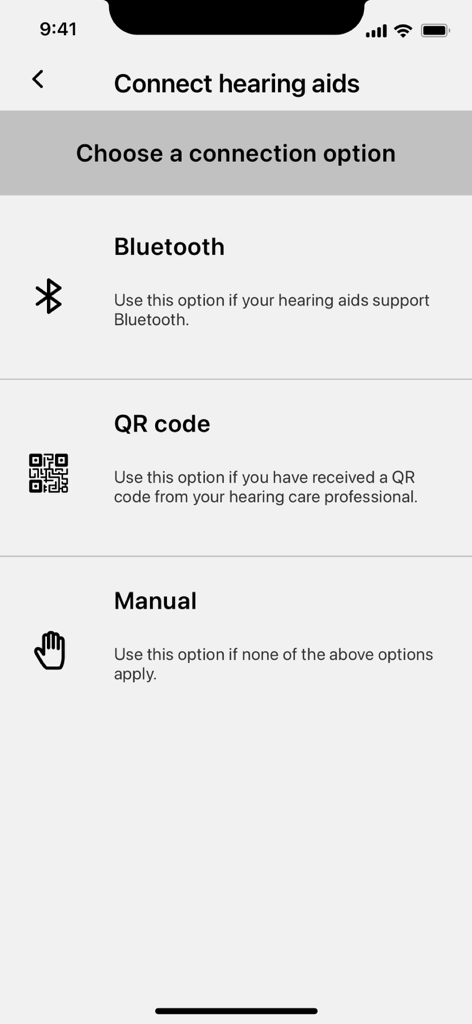 myRemote App - Pantalla de configuración en la app myRemote que muestra opciones para conectar audífonos a través de Bluetooth, código QR o entrada manual.