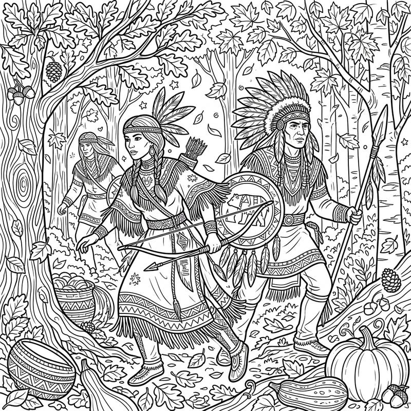 Discover a powerful scene of Indigenous warriors journeying through a beautiful autumn forest. This intricate coloring page invites you to celebrate heritage and the beauty of fall with your creative touch.