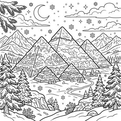 Explore the unexpected beauty of ancient pyramids transformed into a winter wonderland in this captivating coloring page. Designed with clear, large outlines, it offers a relaxing and enjoyable creative escape for seniors.