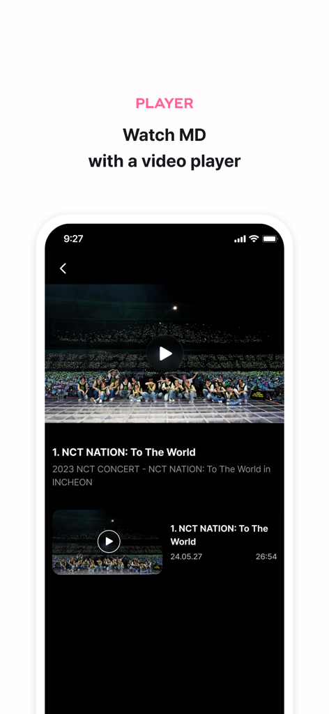 SMTOWN | OFFICIAL - Interface do player de vídeo do aplicativo SMTOWN Official mostrando um show do NCT