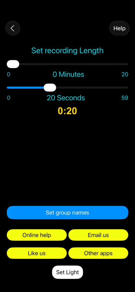 Audio Recorder with Trigger - Écran pour définir la durée d'enregistrement avec des curseurs de minutes et de secondes
