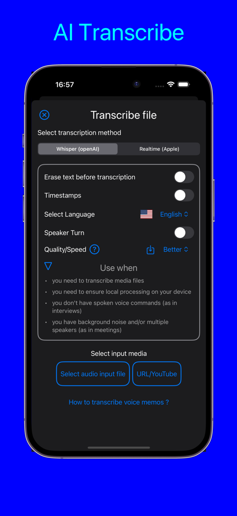 Dictation Pro - Voice to Text - AI Transcribe interface in Dictation Pro app showing options for OpenAI Whisper transcription and YouTube link processing
