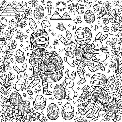 Discover a delightfully unexpected Easter celebration as playful Egyptian mummies join cute bunnies for an egg-cellent adventure! This intricate coloring page blends ancient mystique with festive spring joy, perfect for all ages.