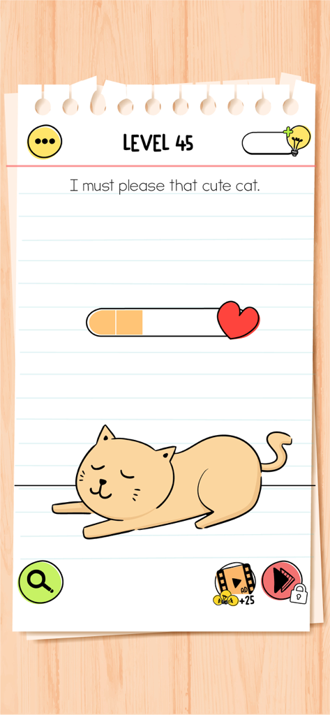 Screenshot of Brain Test 4 level 45 showing a cute cat and a heart progress bar puzzle
