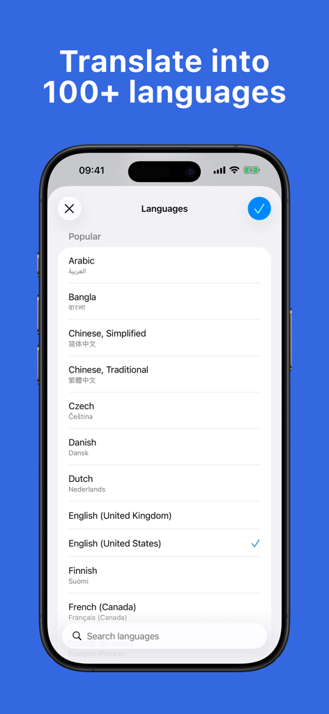 Translator Keyboard: Transly - A list of over 100 languages available for translation in the Transly app interface