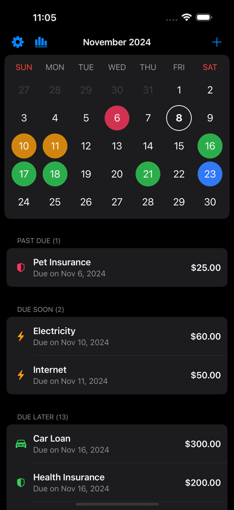 Bill Organizer + Reminders - A monthly calendar view in the Bill Organizer app showing past due and upcoming bills like insurance and utilities.
